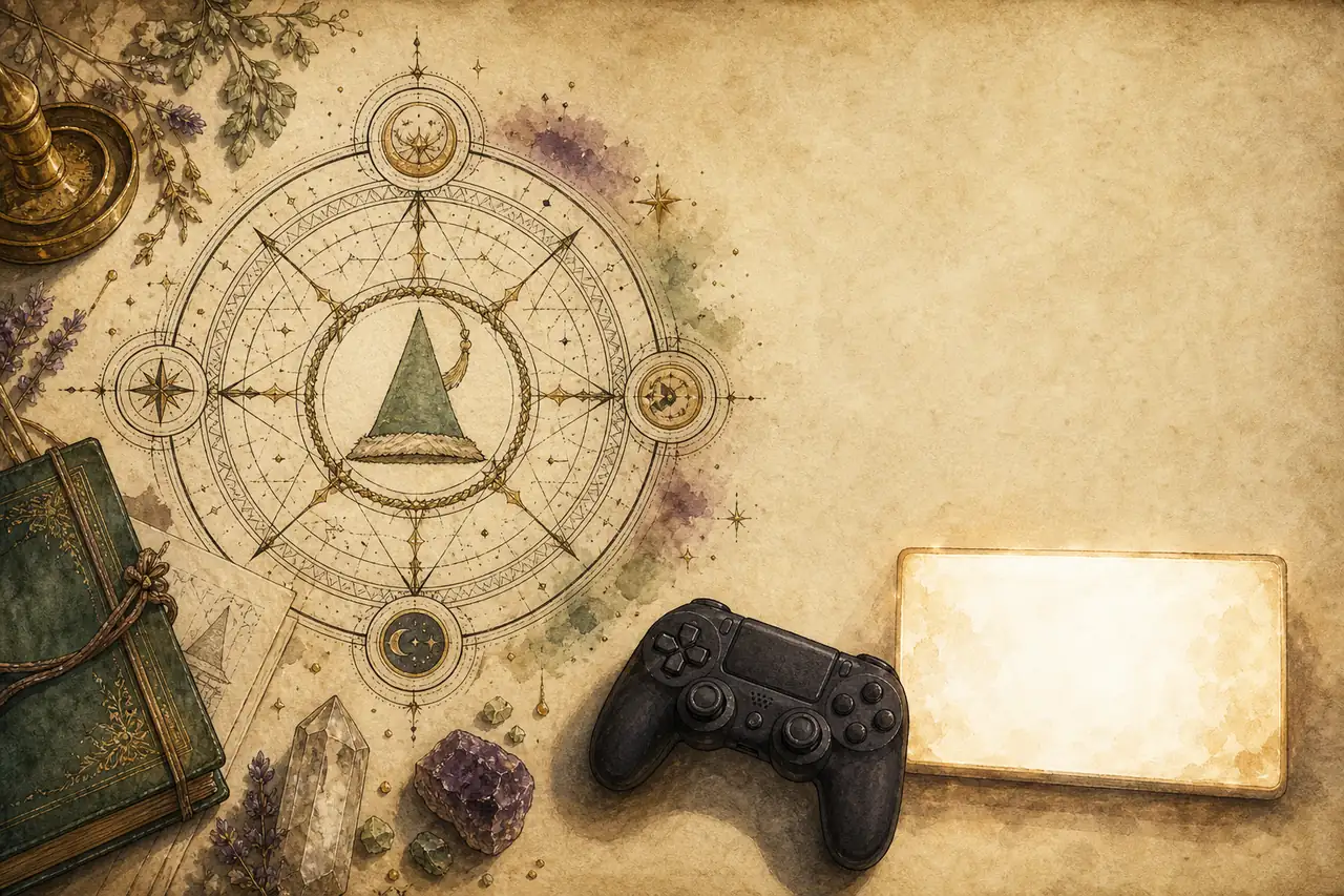 Ilustração conceitual de um círculo mágico inspirado em Witch Hat Atelier ao lado de um controle; não é uma captura oficial
