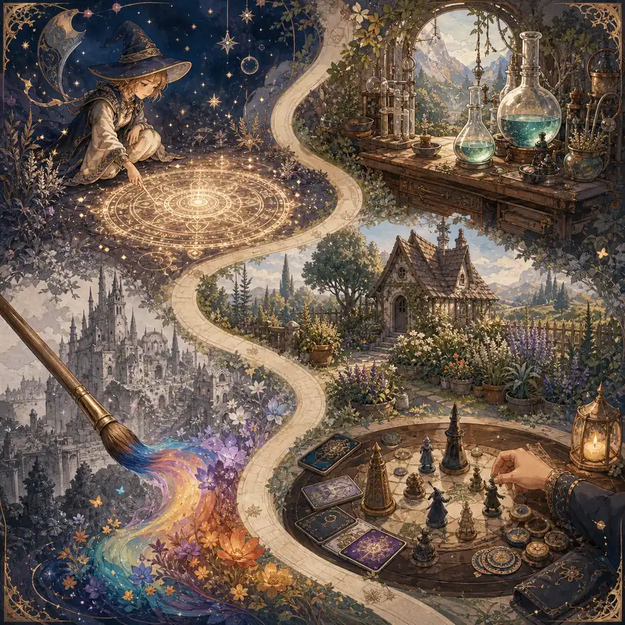 Illustrated path connecting spell drawing, alchemy, witch life, color restoration, and strategy play