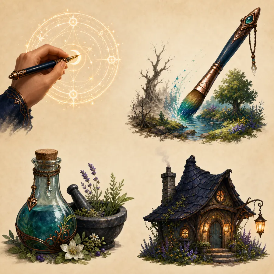 Conceptual comparison of drawing magic, painting, alchemy, and a cozy witch cottage