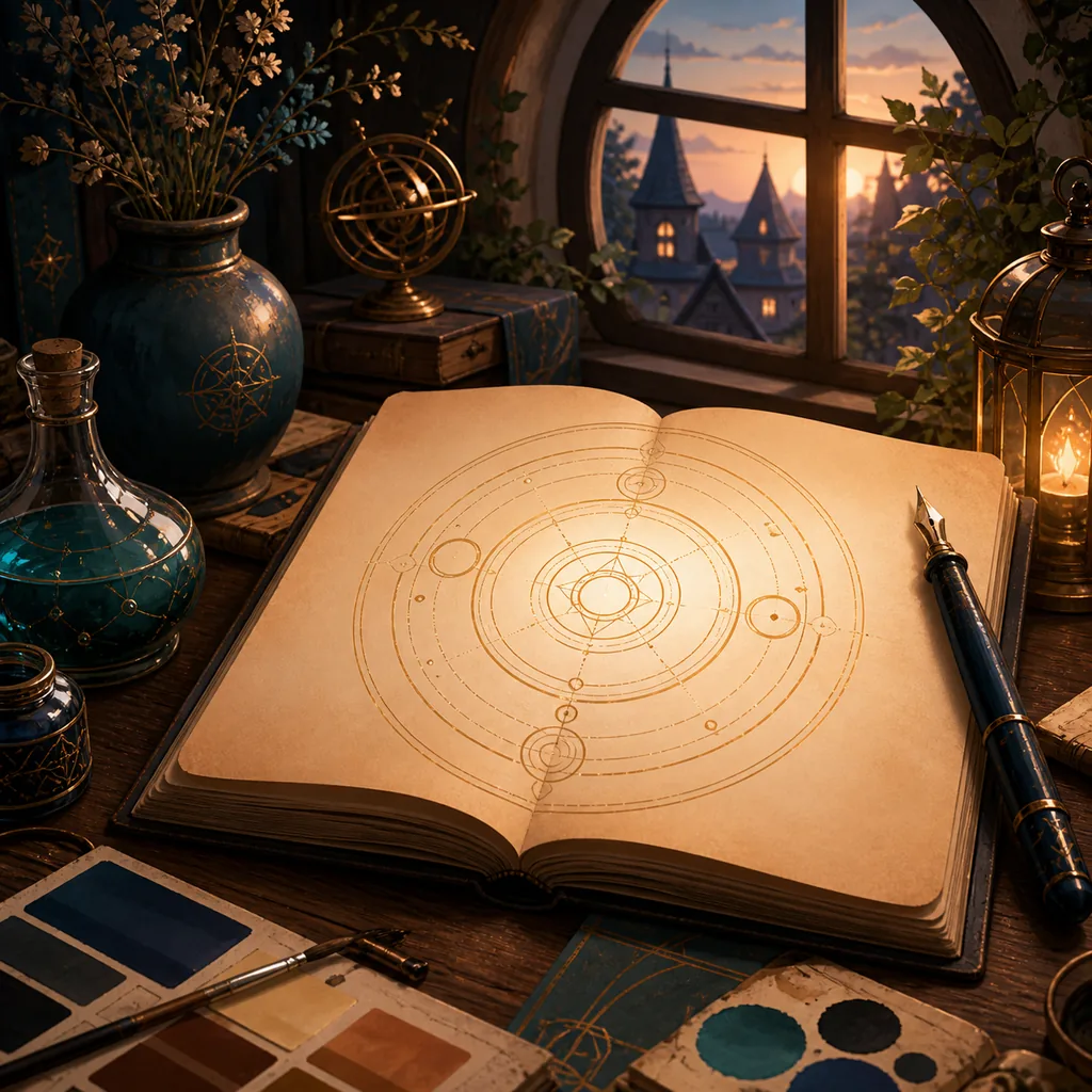 Editorial illustration of a magical atelier desk with a blank geometric spell circle, ink, and potions