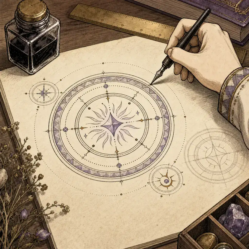 Original concept illustration of a hand drawing an outer ring around a layered custom magic circle