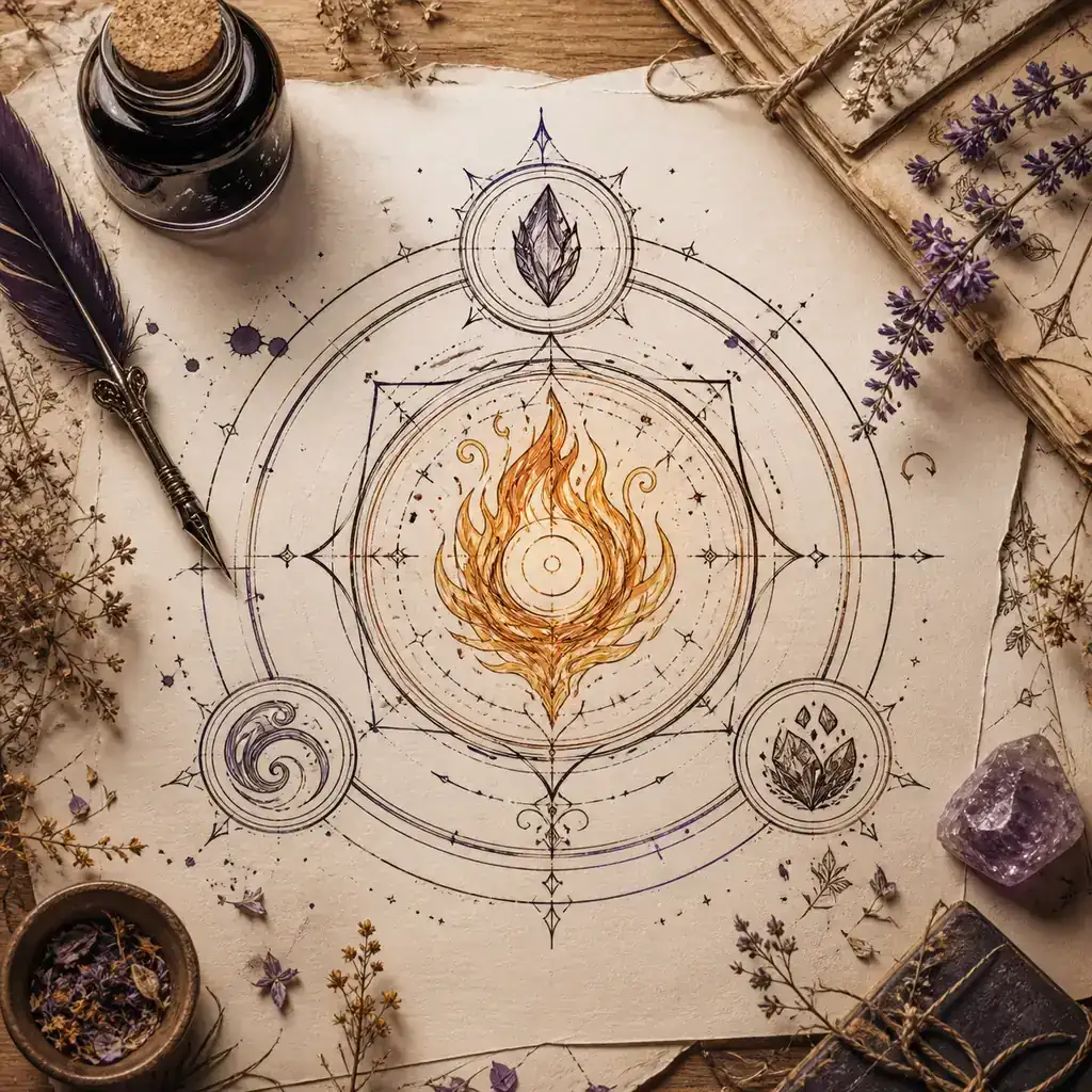 Original ink concept of a Witch Hat Atelier-inspired custom spell circle on an atelier worktable
