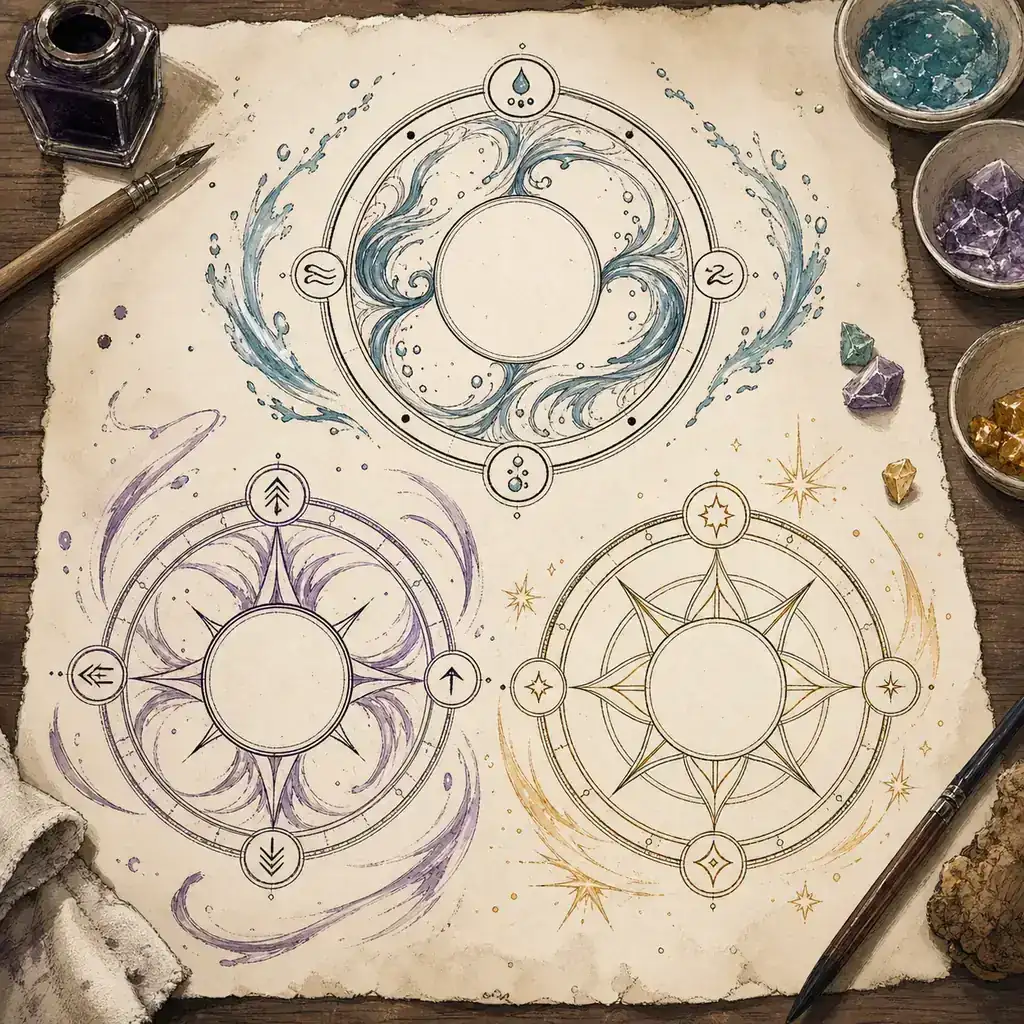 Three original magic-circle concepts for water, wind, and light spell ideas
