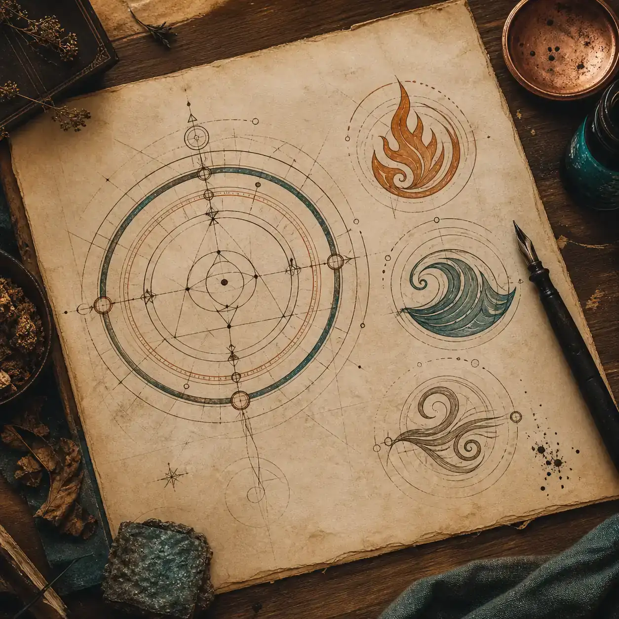 Original concept illustration of Witch Hat Atelier-inspired spell circles, ink, and elemental motifs